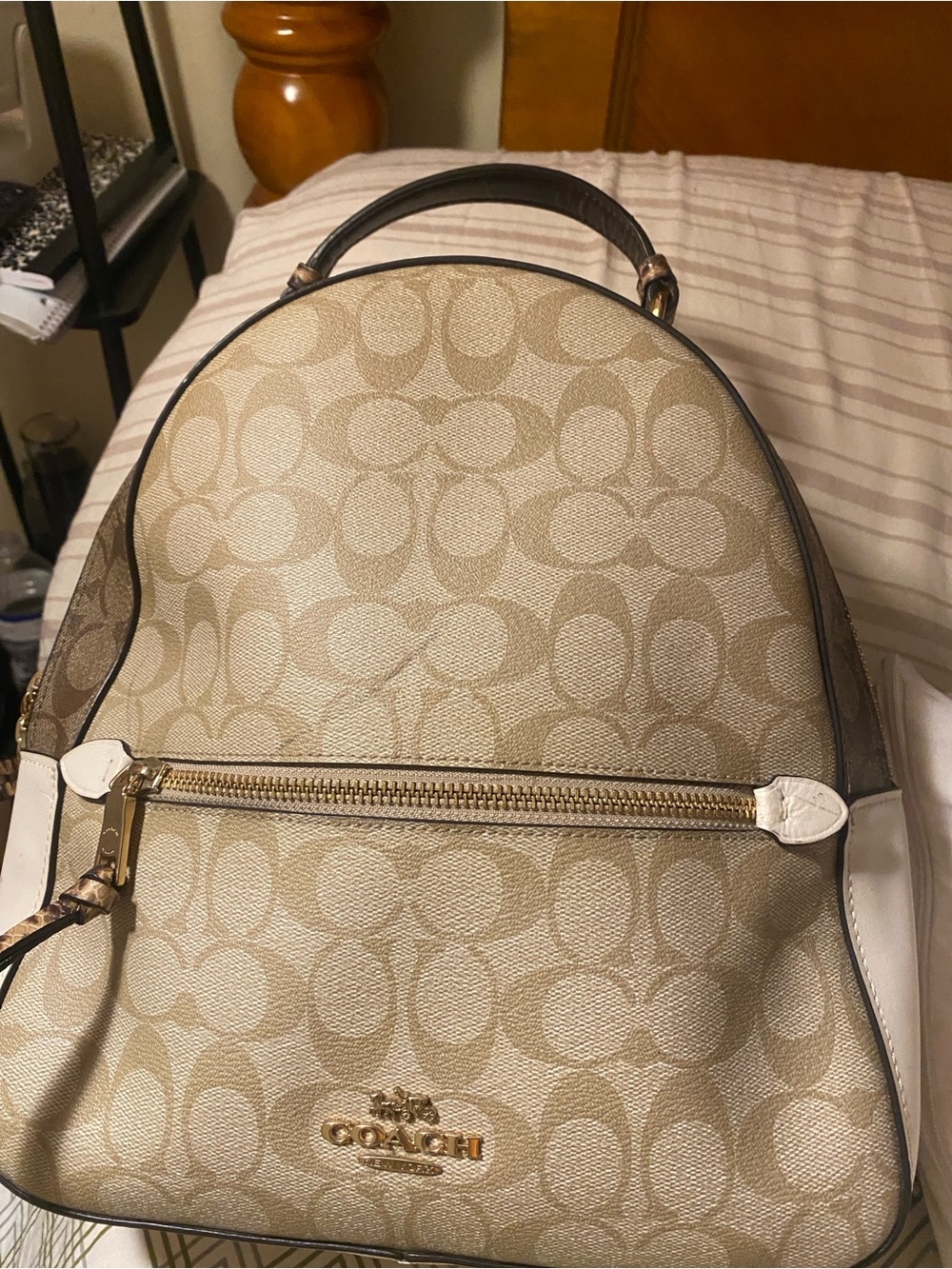 Coach Signature Canvas Dome Backpack in Beige with White Trim